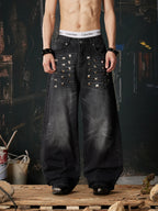 Black Riveted Fade Baggy Jeans front model view