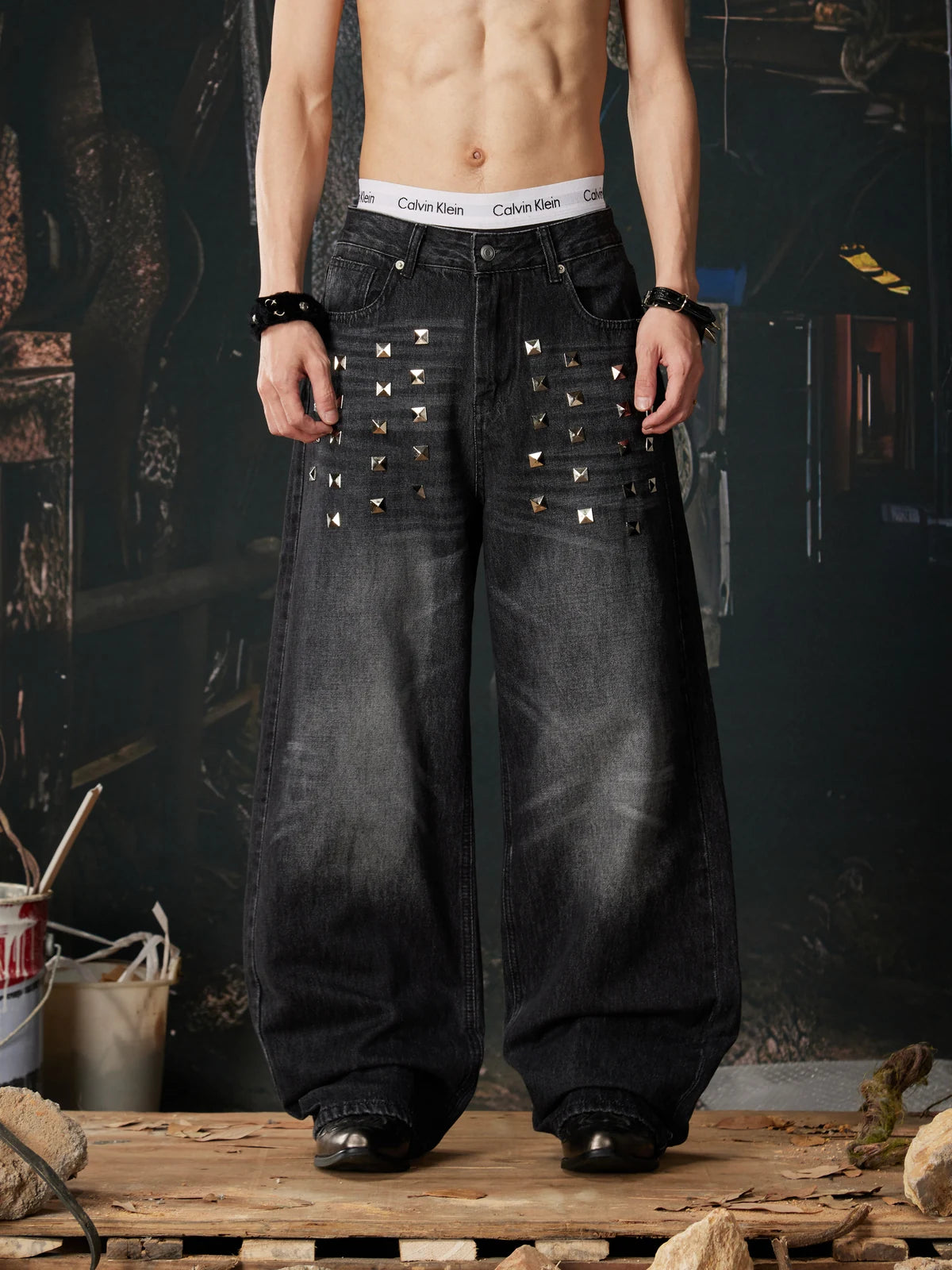 Black Riveted Fade Baggy Jeans front model view