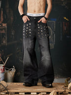 Black Riveted Fade Baggy Jeans front pocket detail model view
