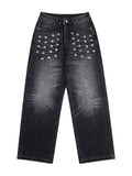 Black Riveted Fade Baggy Jeans front view on white background
