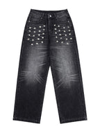Black Riveted Fade Baggy Jeans front view on white background