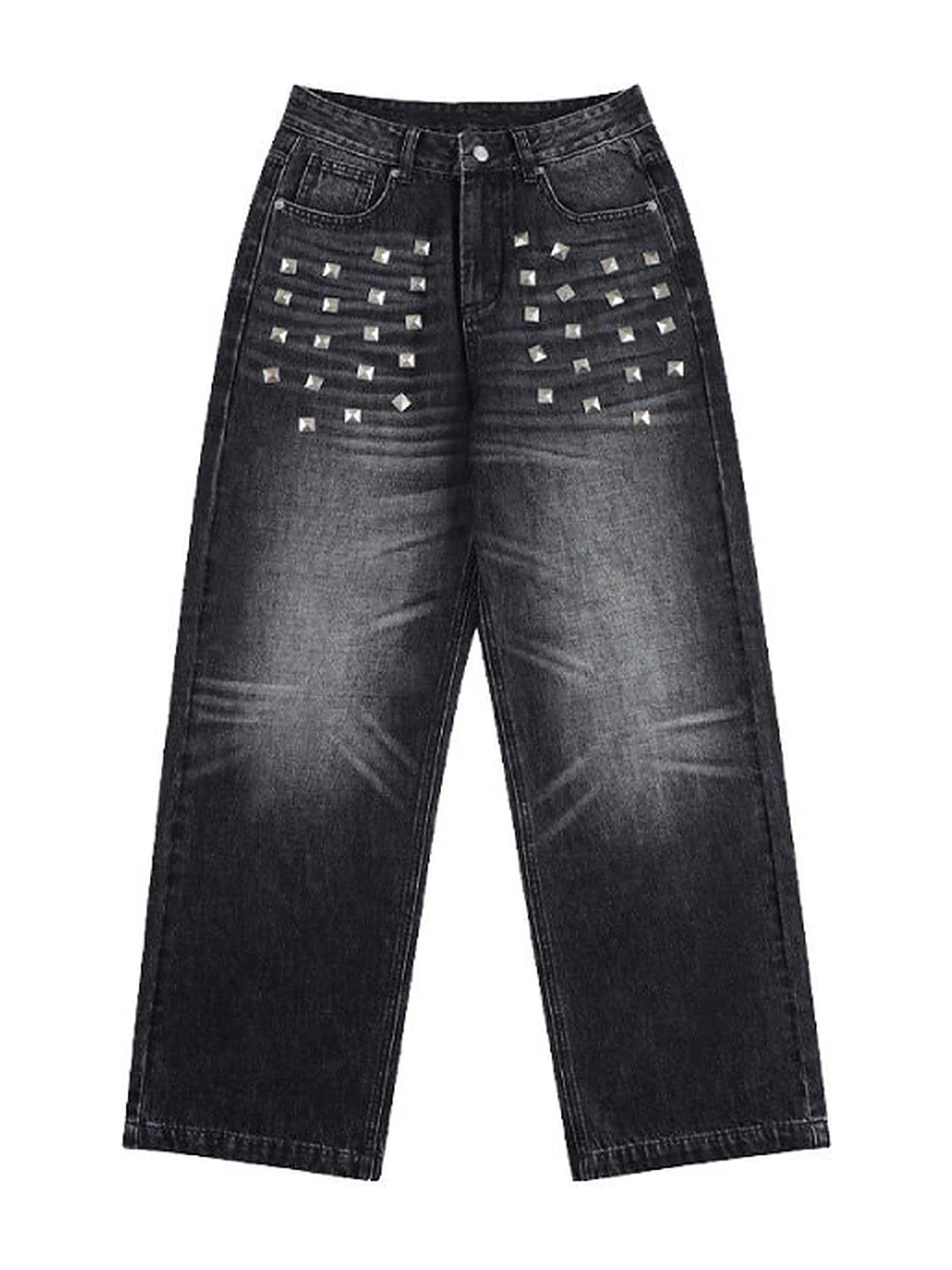 Black Riveted Fade Baggy Jeans front view on white background