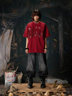 Black Riveted Fade Baggy Jeans red tee front styled look