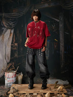 Black Riveted Fade Baggy Jeans red tee relaxed styled look