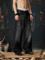 Black Riveted Fade Baggy Jeans relaxed front model view