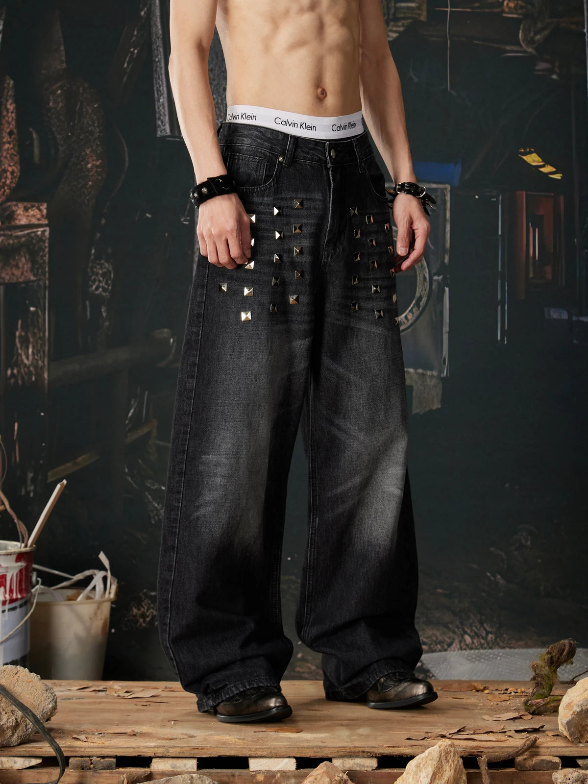 Black Riveted Fade Baggy Jeans relaxed front model view