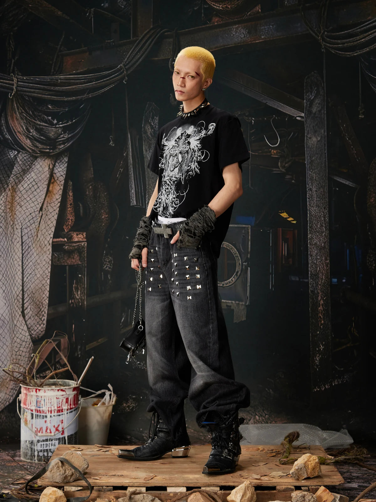 Black Riveted Fade Baggy Jeans side styled look