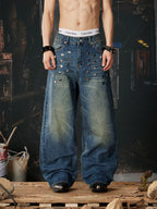 Blue Riveted Fade Baggy Jeans front model view