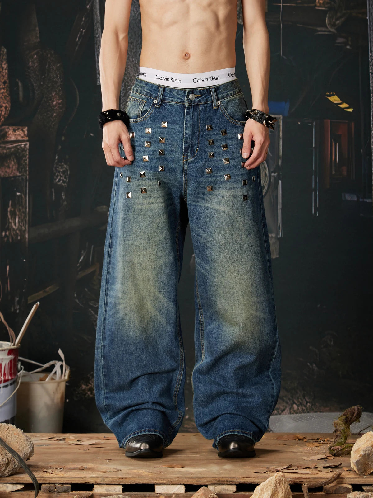 Blue Riveted Fade Baggy Jeans front model view