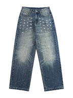 Blue Riveted Fade Baggy Jeans front view on white background