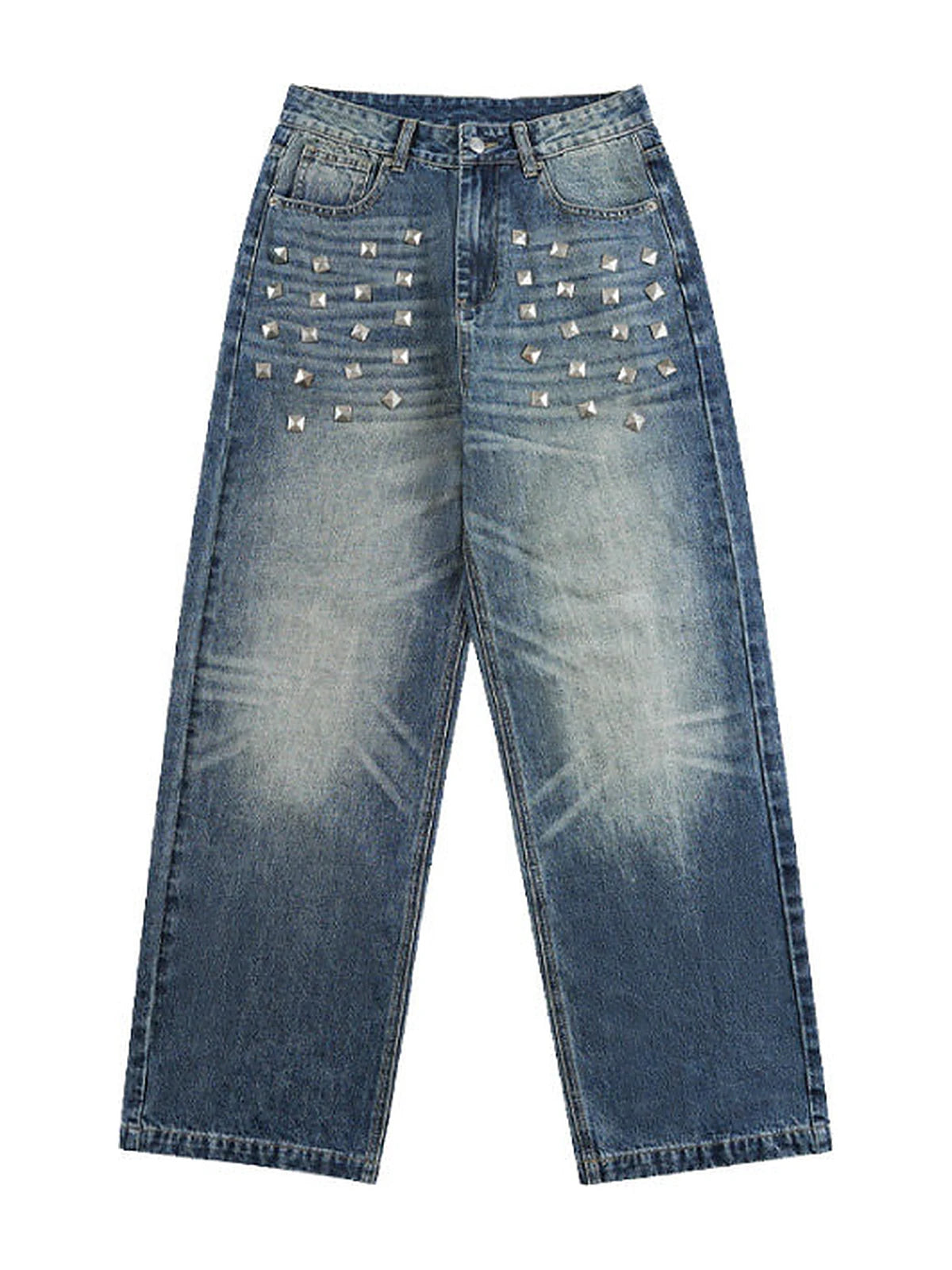 Blue Riveted Fade Baggy Jeans front view on white background