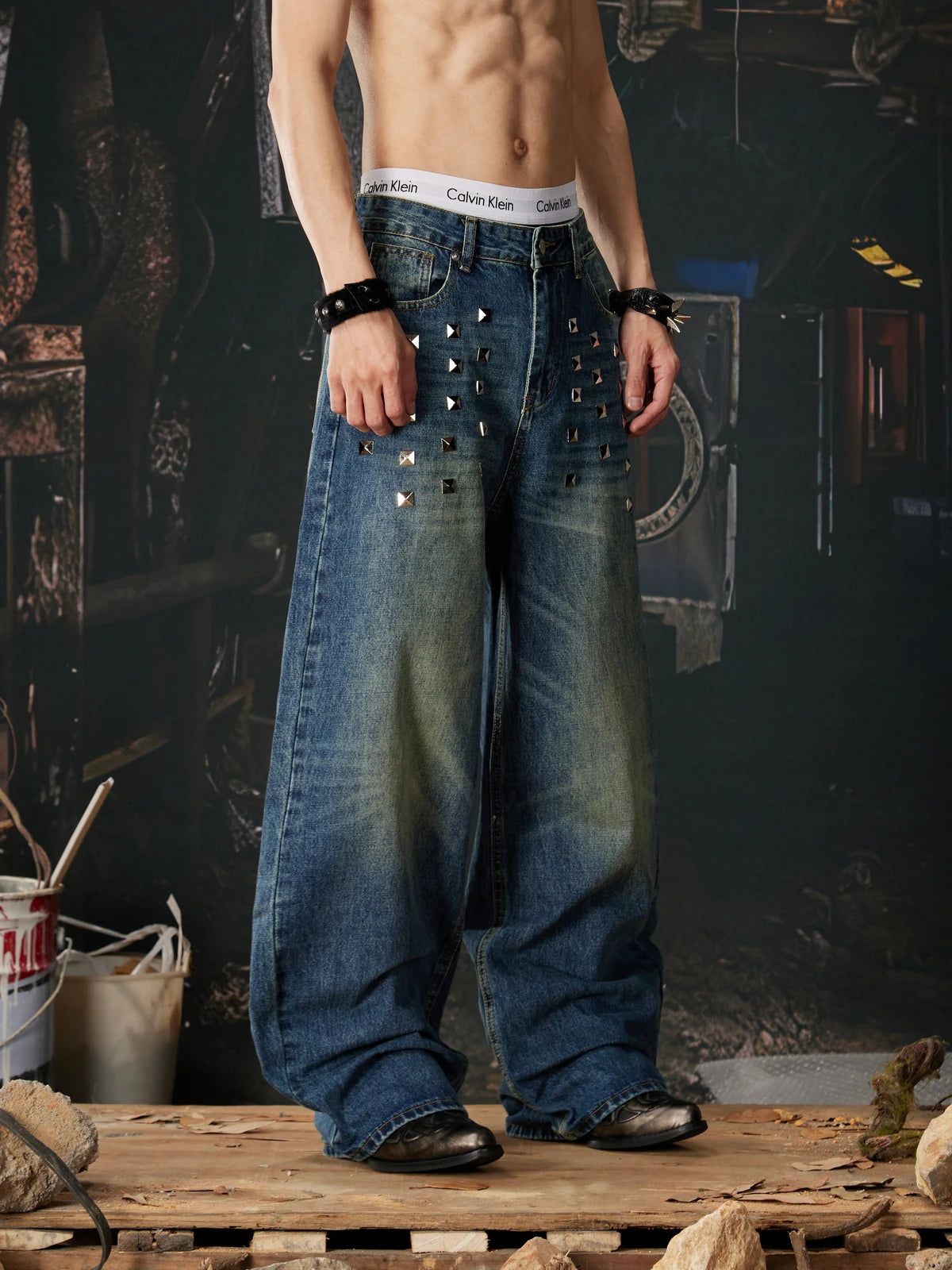 Blue Riveted Fade Baggy Jeans relaxed front model view