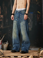 Blue Riveted Fade Baggy Jeans three-quarter model view