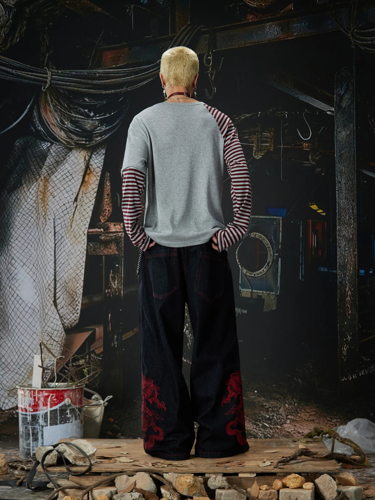 Black Crimson Dragon Button-Fly Baggy Jeans back full-body styled look