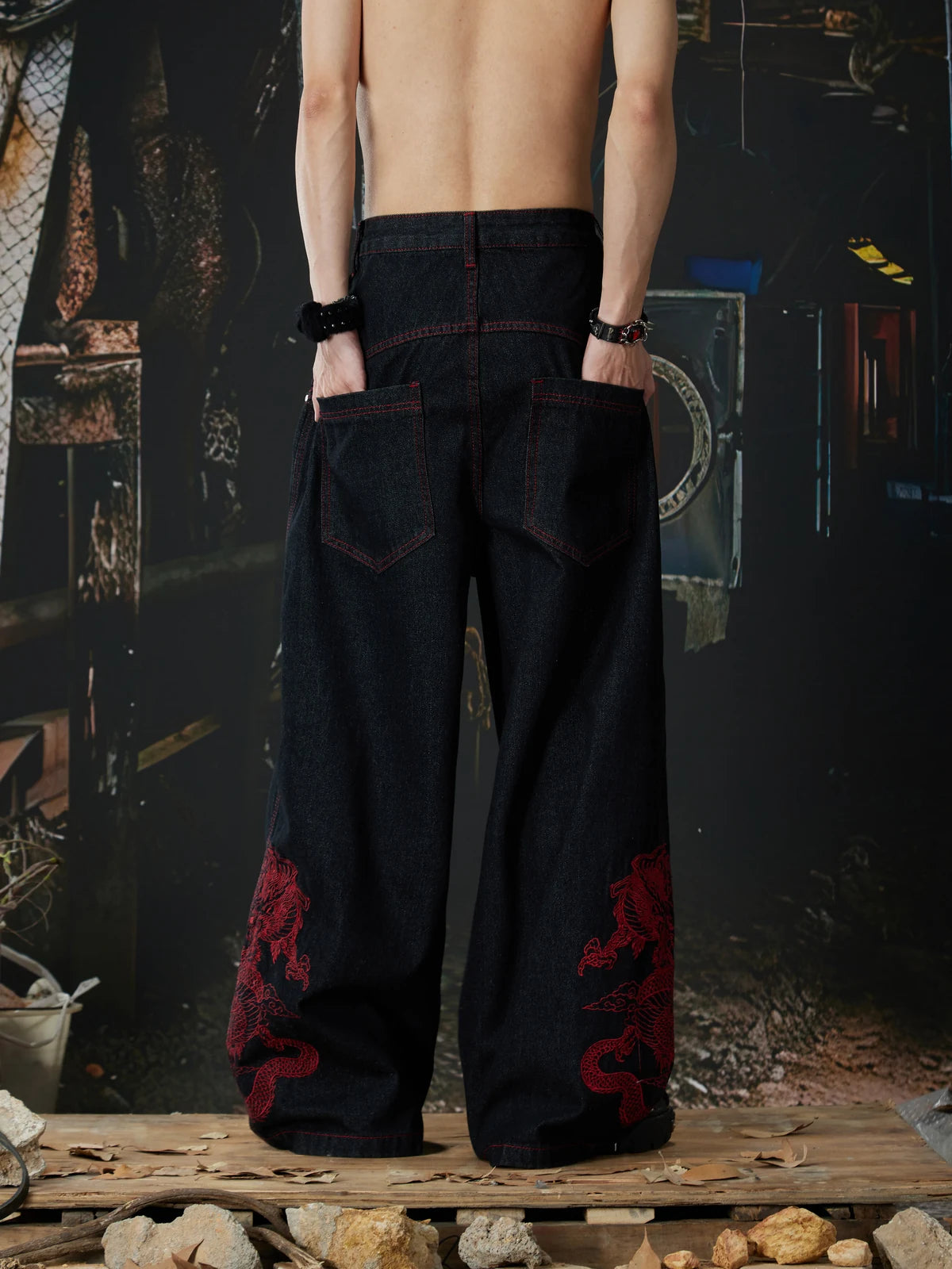 Black Crimson Dragon Button-Fly Baggy Jeans back model view