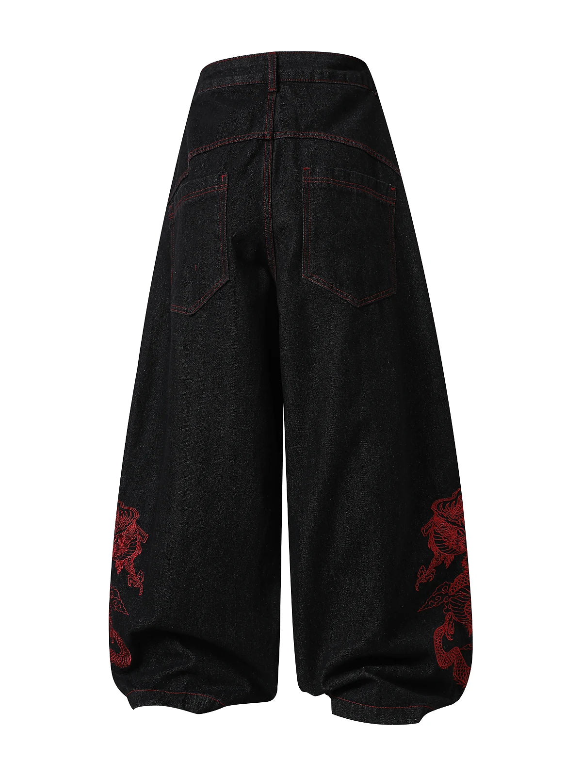 Black Crimson Dragon Button-Fly Baggy Jeans back view on white background