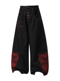 Black Crimson Dragon Button-Fly Baggy Jeans front view on white background