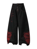 Black Crimson Dragon Button-Fly Baggy Jeans front view on white background
