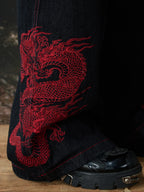 Black Crimson Dragon Button-Fly Baggy Jeans crimson dragon embroidery close-up