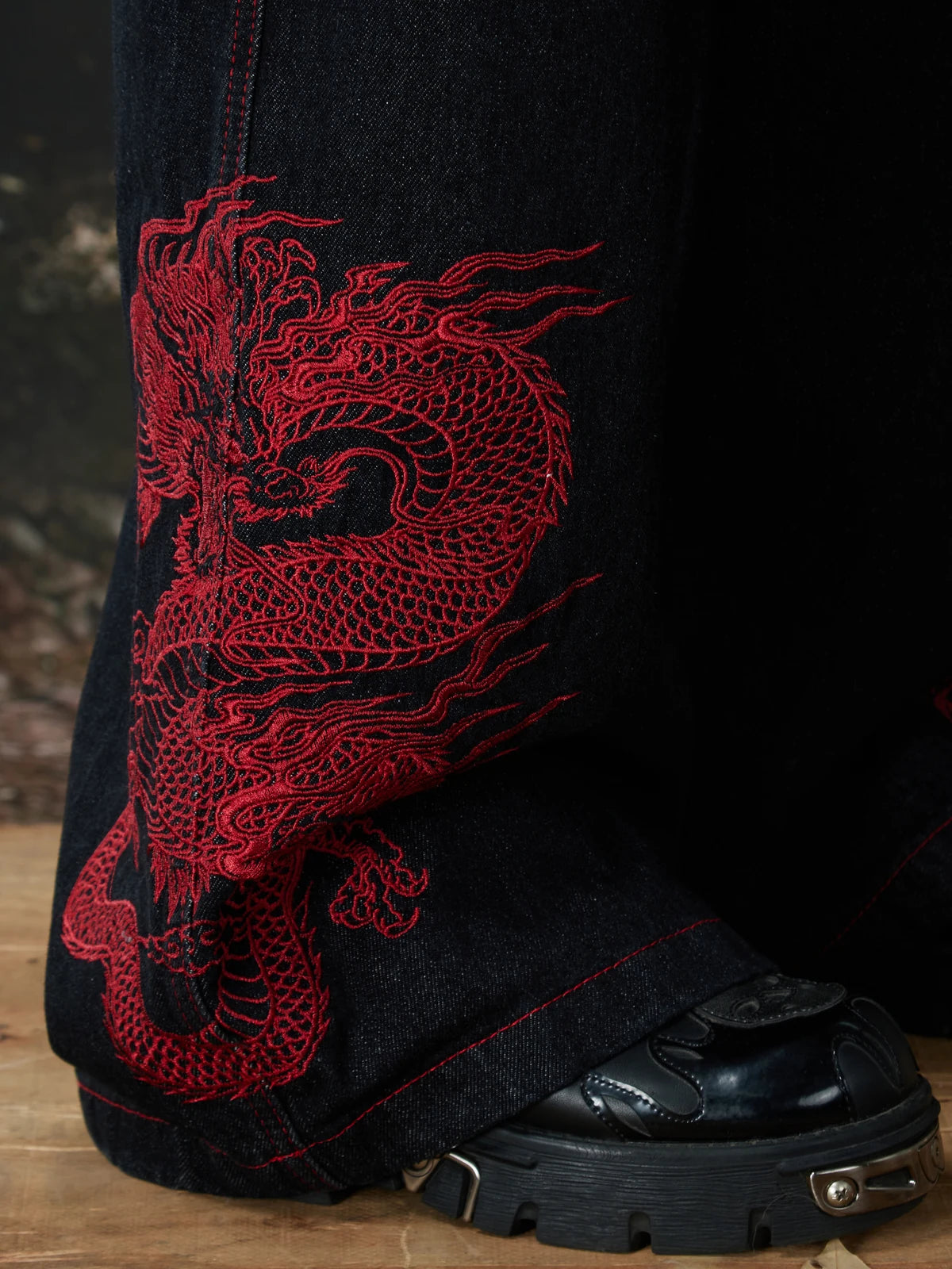 Black Crimson Dragon Button-Fly Baggy Jeans crimson dragon embroidery close-up