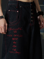 Black Crimson Dragon Button-Fly Baggy Jeans embroidered script and extended button-fly detail