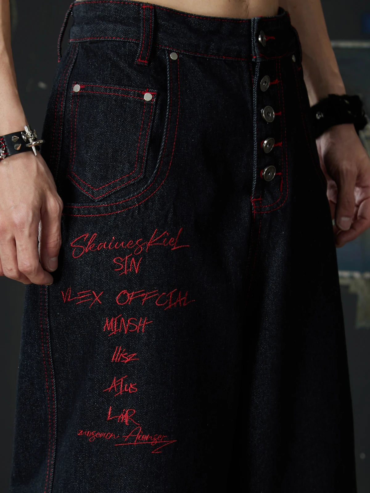 Black Crimson Dragon Button-Fly Baggy Jeans embroidered script and extended button-fly detail