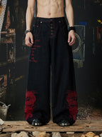Black Crimson Dragon Button-Fly Baggy Jeans front model view