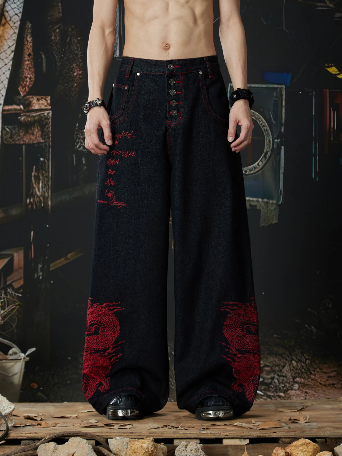 Black Crimson Dragon Button-Fly Baggy Jeans front model view