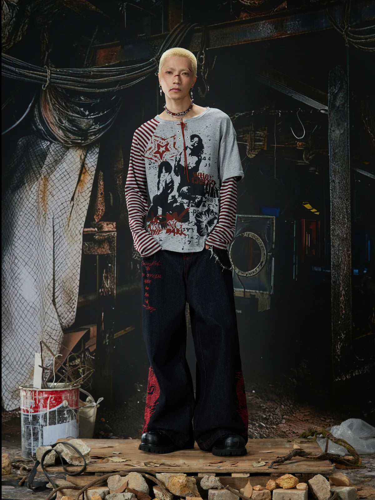 Black Crimson Dragon Button-Fly Baggy Jeans front styled look