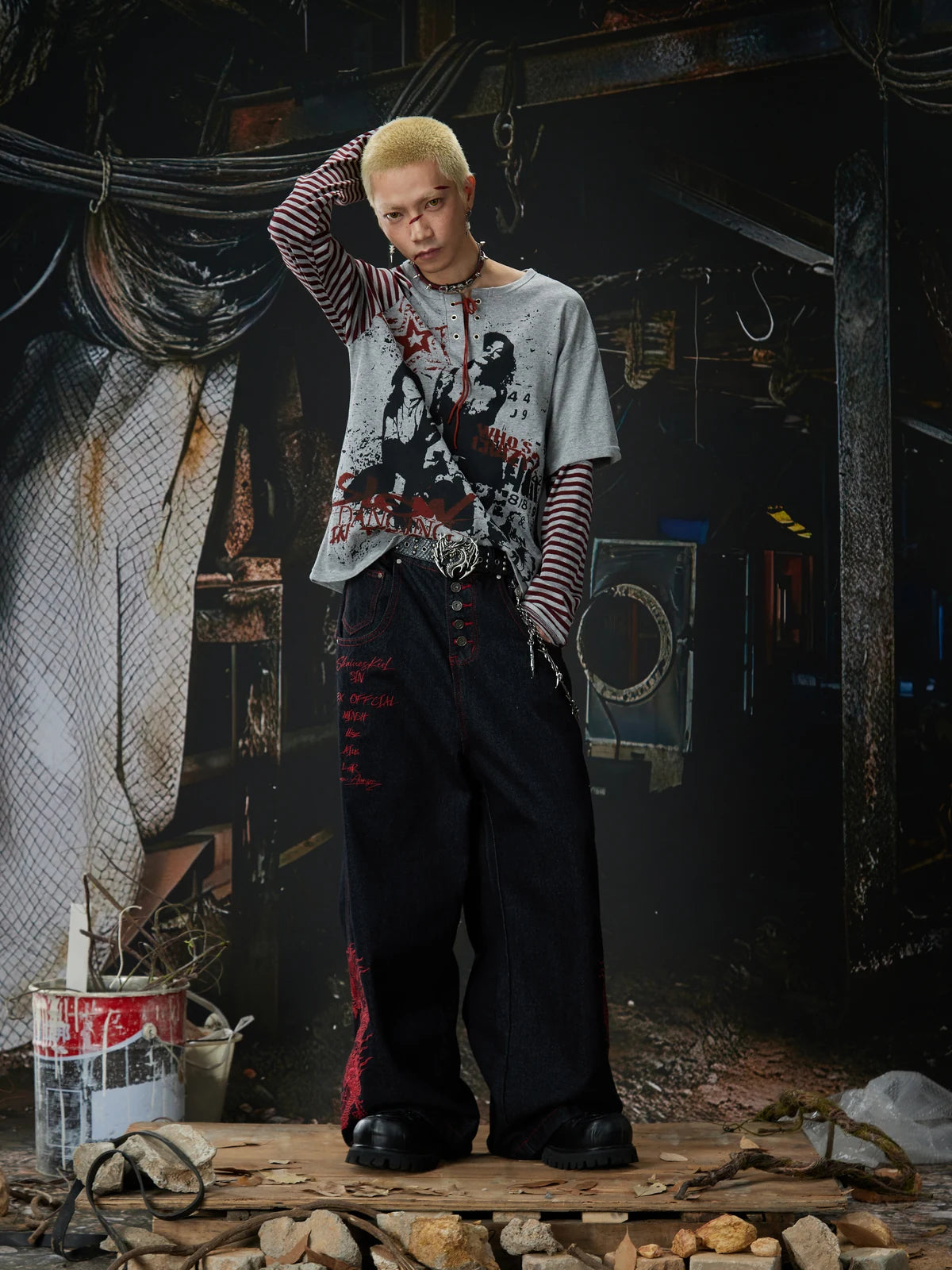 Black Crimson Dragon Button-Fly Baggy Jeans hand-on-head styled look