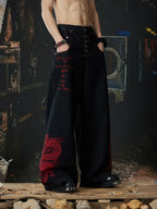 Black Crimson Dragon Button-Fly Baggy Jeans hands-at-sides front model view