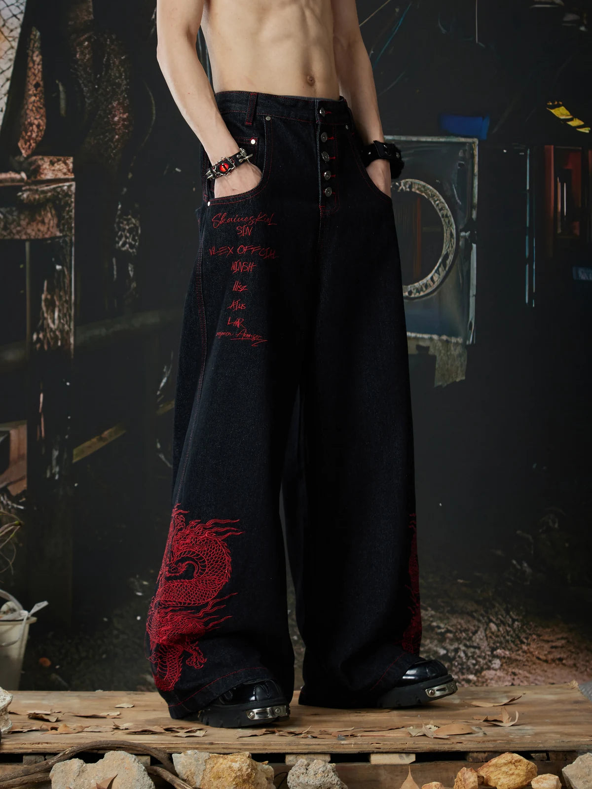 Black Crimson Dragon Button-Fly Baggy Jeans hands-at-sides front model view