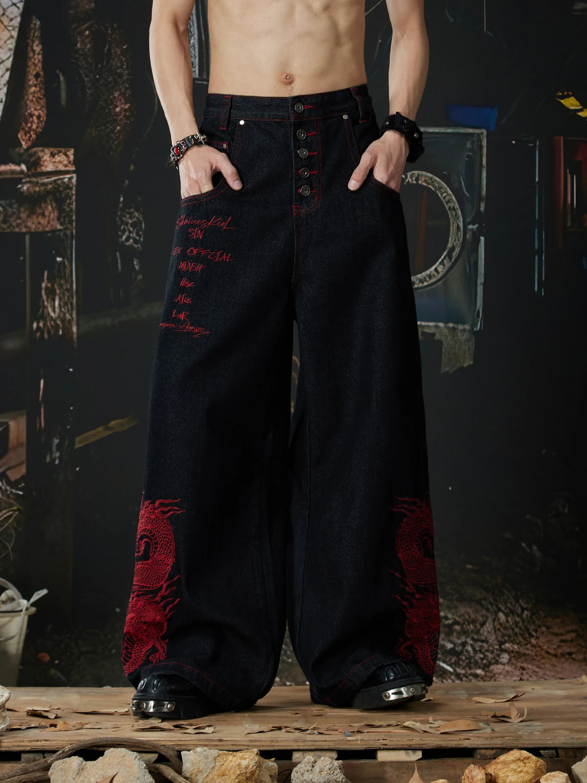 Black Crimson Dragon Button-Fly Baggy Jeans hands-in-pockets front model view