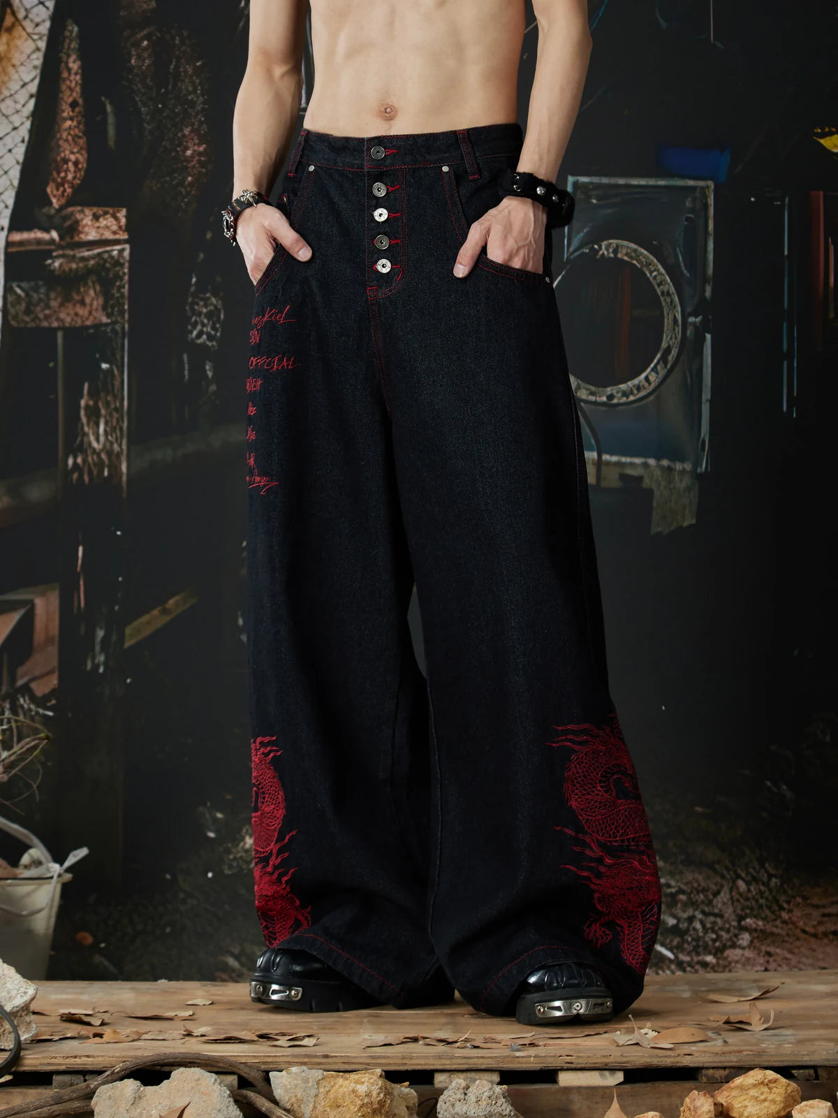 Black Crimson Dragon Button-Fly Baggy Jeans relaxed front model view