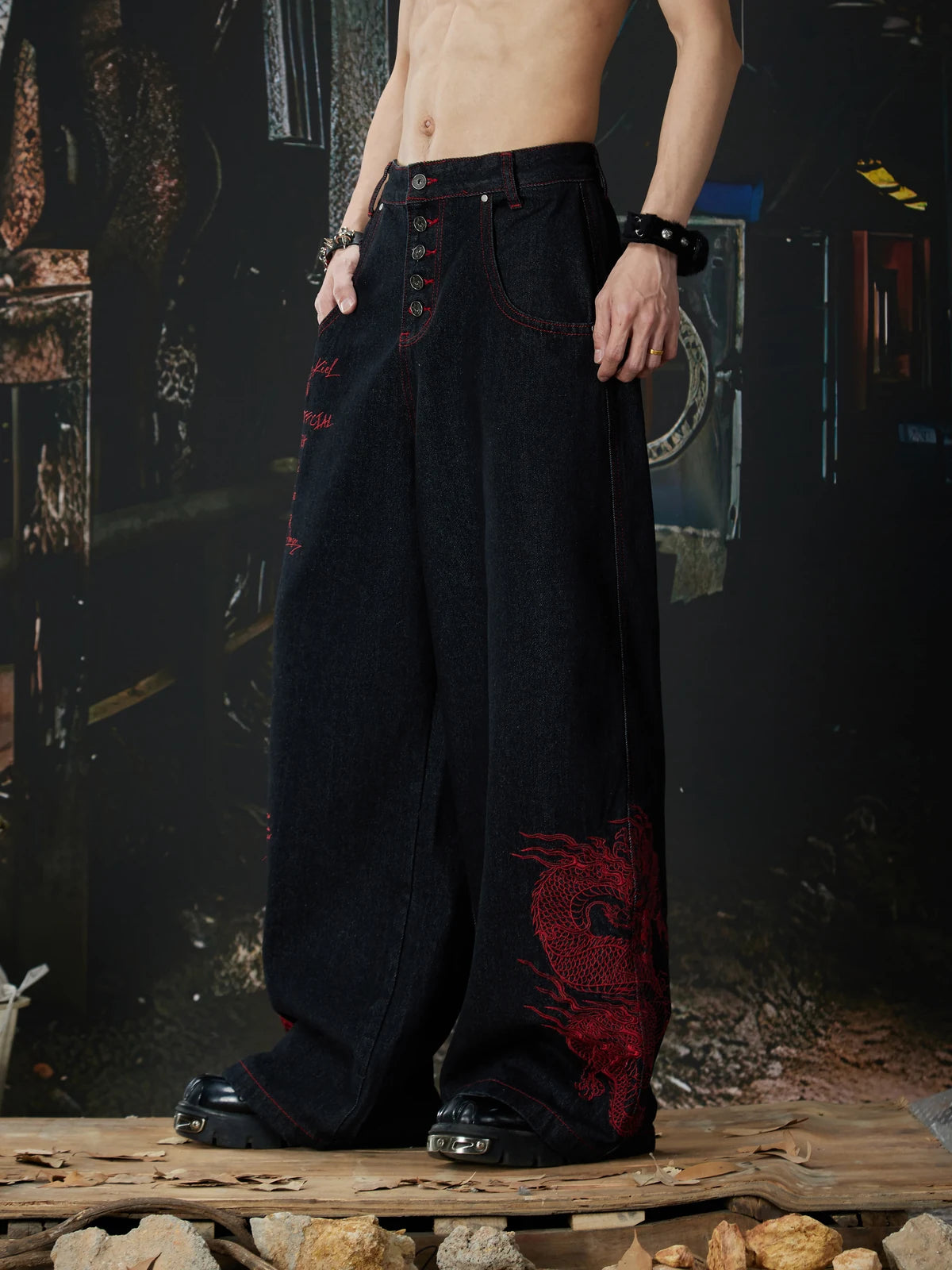 Black Crimson Dragon Button-Fly Baggy Jeans side model view