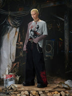 Black Crimson Dragon Button-Fly Baggy Jeans side styled look