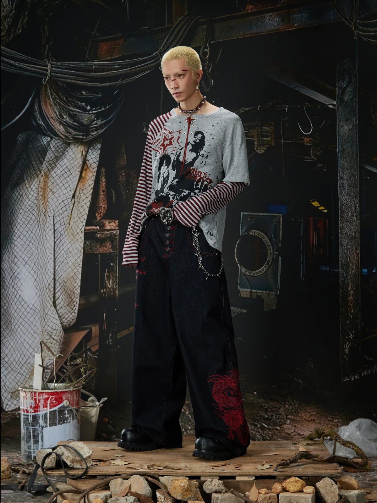 Black Crimson Dragon Button-Fly Baggy Jeans side styled look