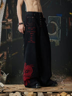 Black Crimson Dragon Button-Fly Baggy Jeans three-quarter front model view