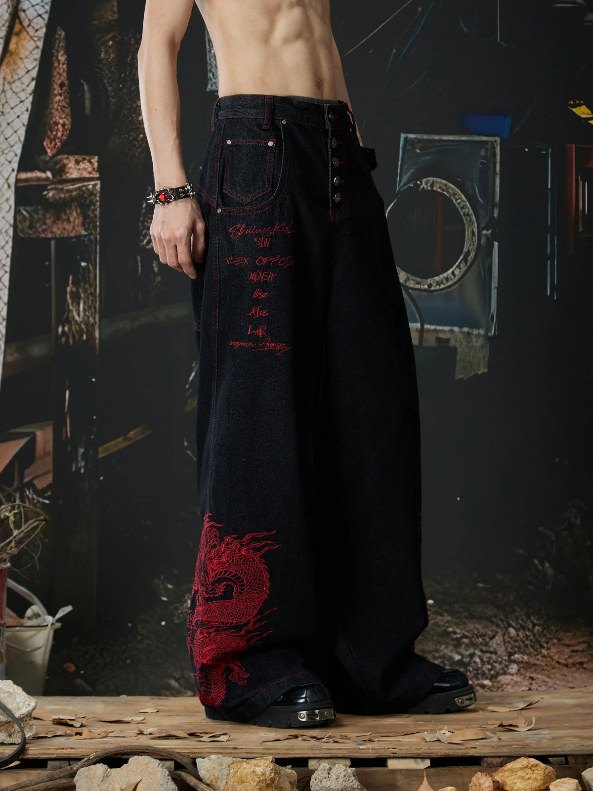 Black Crimson Dragon Button-Fly Baggy Jeans three-quarter front model view