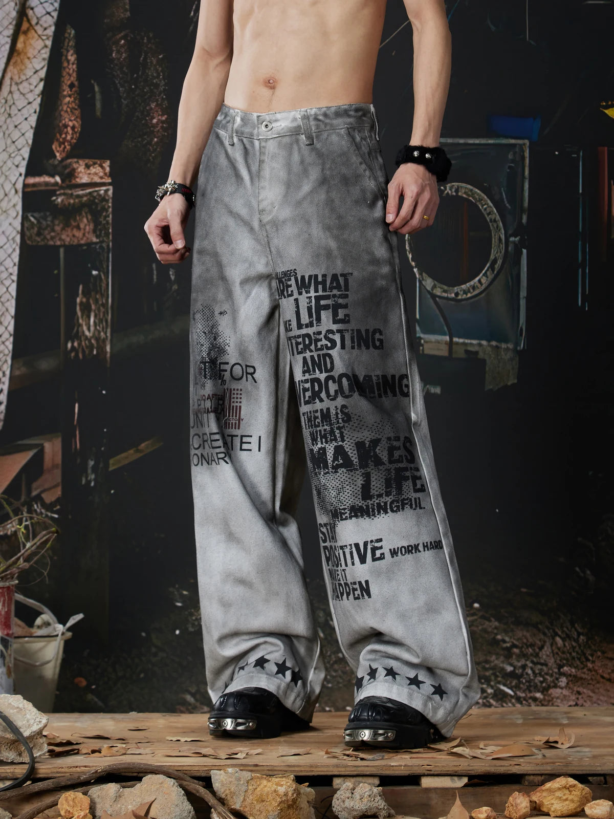 Dirty White Ashen Manifest Baggy Jeans angled front model view