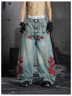 Blue Twin-Waist Dragon Baggy Jeans front close model view