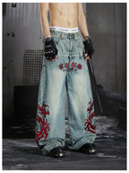 Blue Twin-Waist Dragon Baggy Jeans relaxed front close model view