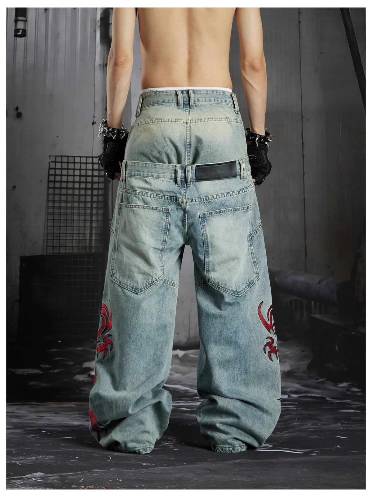 Blue Twin-Waist Dragon Baggy Jeans back close model view