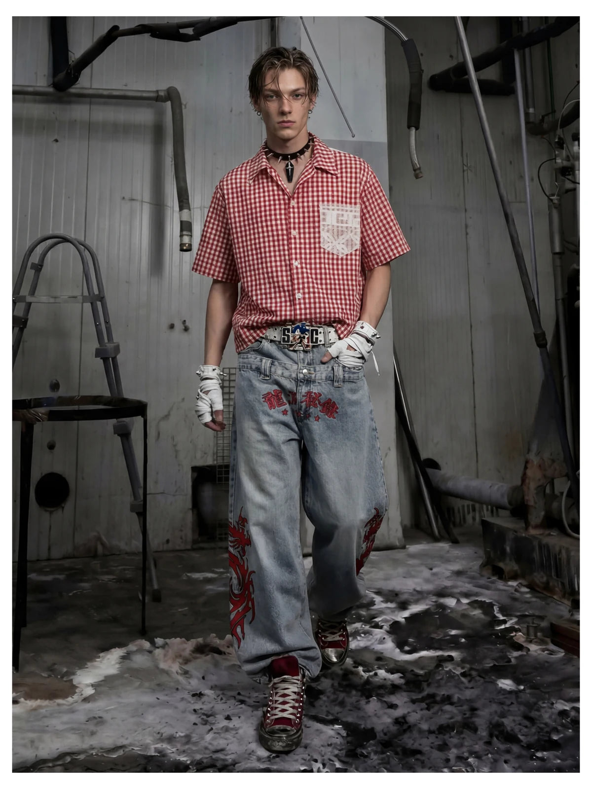 Blue Twin-Waist Dragon Baggy Jeans mens full body front styled look