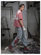 Blue Twin-Waist Dragon Baggy Jeans mens walking three quarter styled look