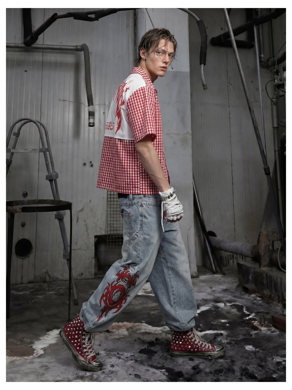 Blue Twin-Waist Dragon Baggy Jeans mens walking three quarter styled look