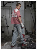 Blue Twin-Waist Dragon Baggy Jeans mens back three quarter styled look
