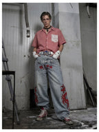 Blue Twin-Waist Dragon Baggy Jeans mens relaxed front styled look