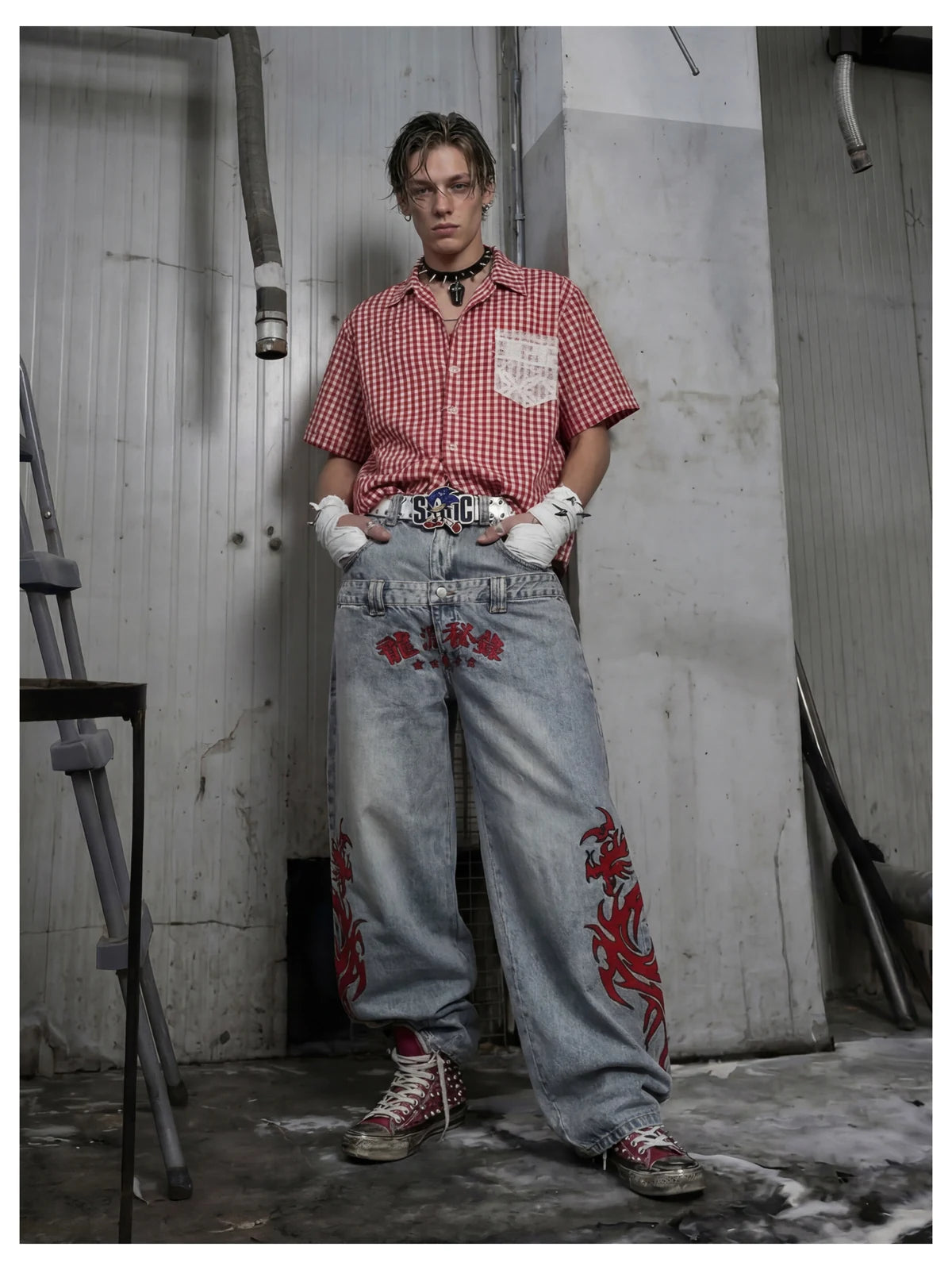 Blue Twin-Waist Dragon Baggy Jeans mens relaxed front styled look
