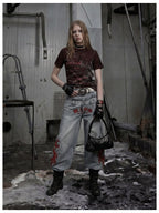 Blue Twin-Waist Dragon Baggy Jeans womens full body front styled look with bag